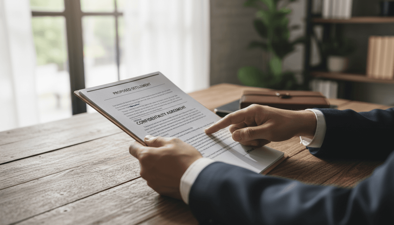 Hands reviewing a legal document on a wooden desk