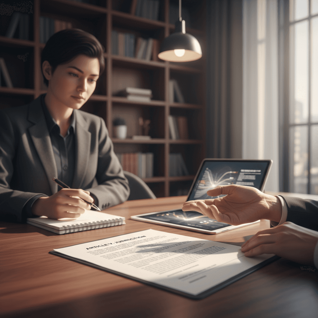 Hands of a legal professional pointing to a document on a desk in a law office