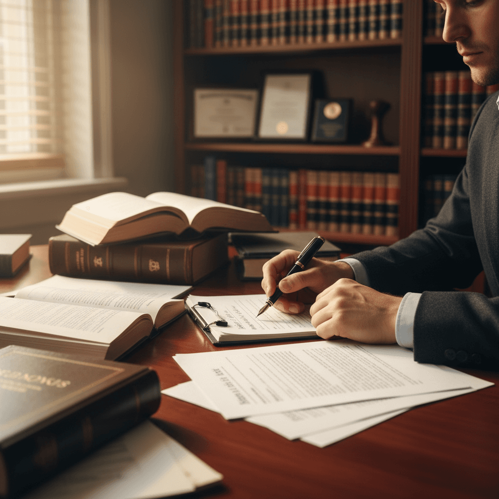 Hands reviewing legal documents on a dark wooden desk with warm lamplight