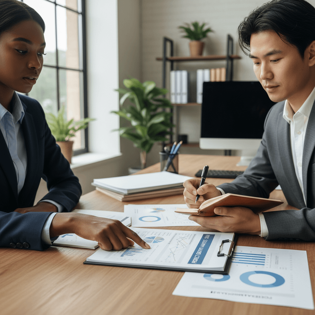 Two people in a legal consultation reviewing documents at a desk in Toronto