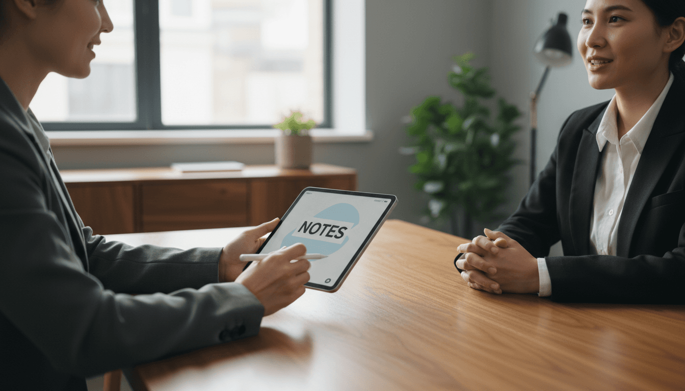 Lawyer and client in conversation across a desk in a bright office