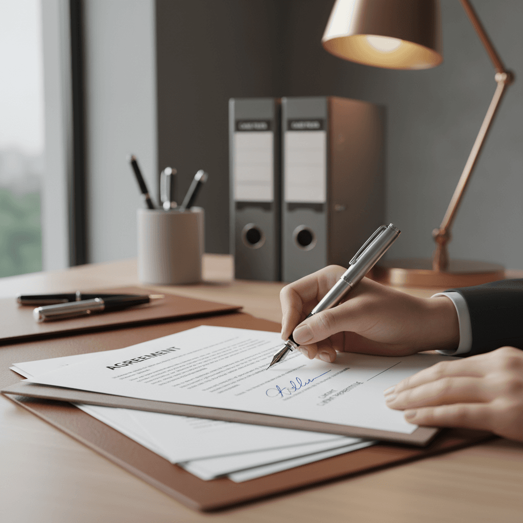 Hands signing a legal document at a clean desk