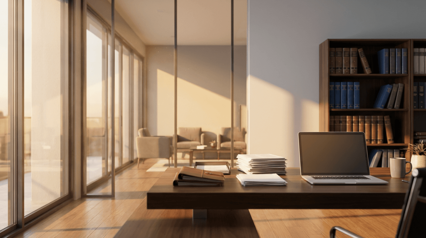 A calm, professional legal office interior with warm natural light, a neat desk with documents and a pen, and a blurred city skyline visible through the window, shot in an editorial documentary style with soft shadows and muted earth tones