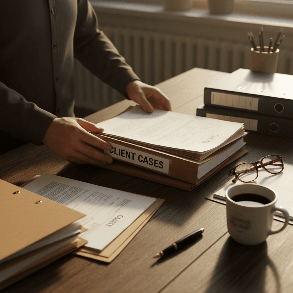 Neatly arranged legal documents on a desk with soft natural light