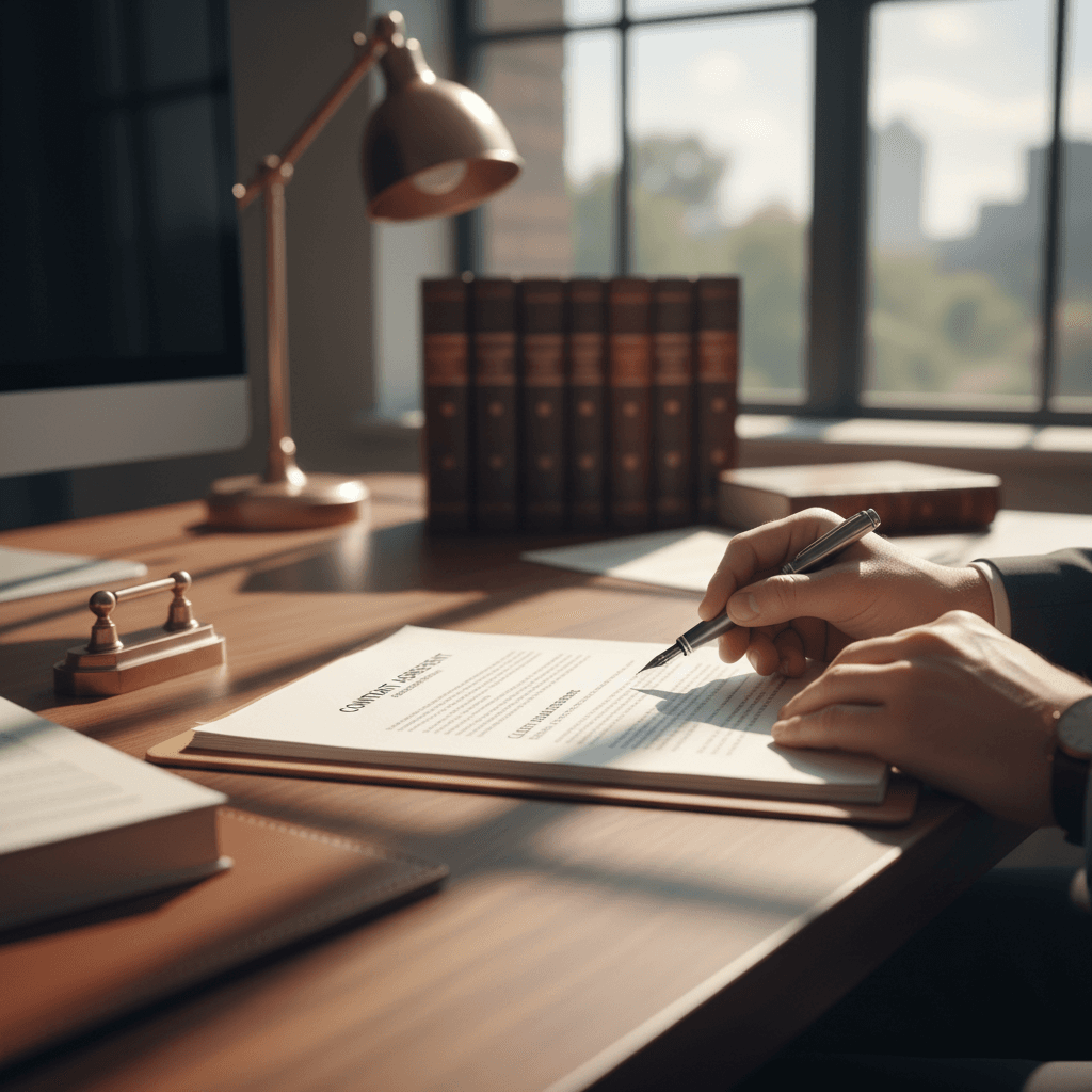 Hands reviewing legal documents at a desk